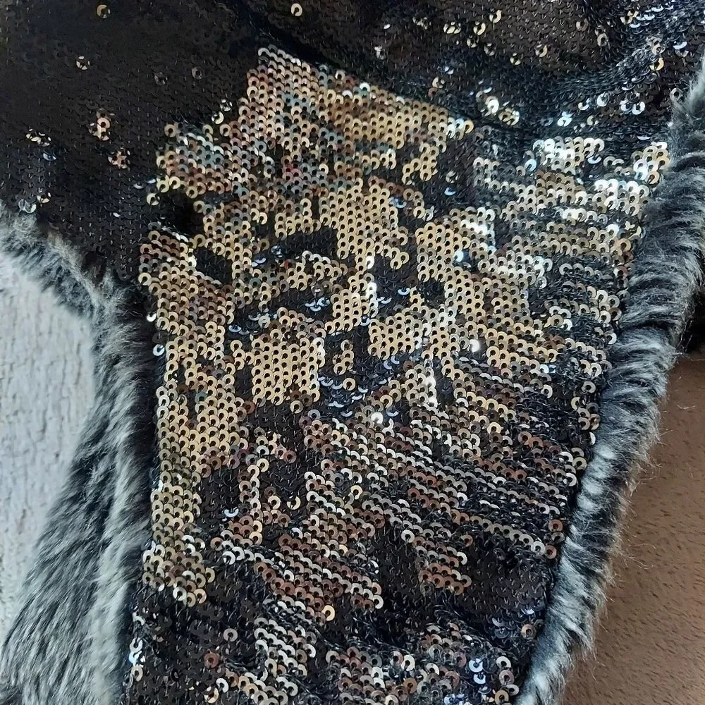 Toby Black Silver Sequin Trapper Hat Faux Fur  Kids Size 7-16